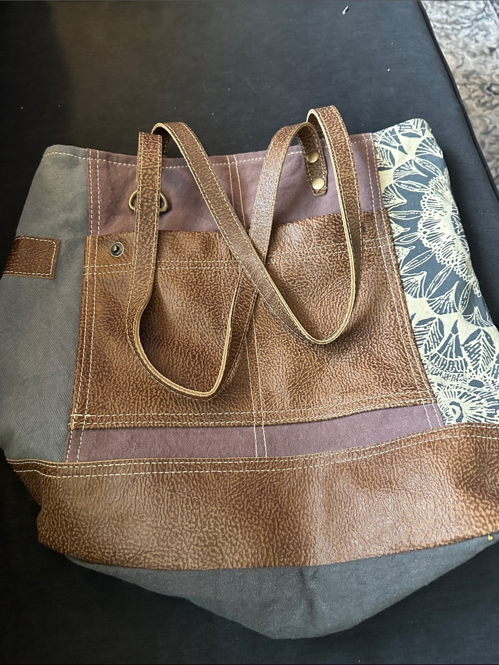 Myra Bag Brown, Gray & Cream Patchwork Tote with Floral Panel